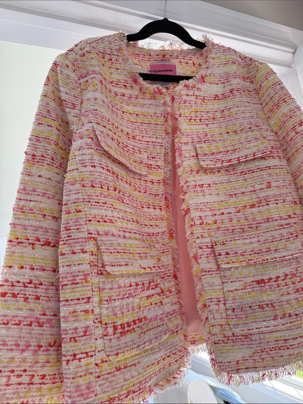 Kate Spade Women’s Tweed Fringe Jacket - Pink Multi lined.  So cute! Size 4